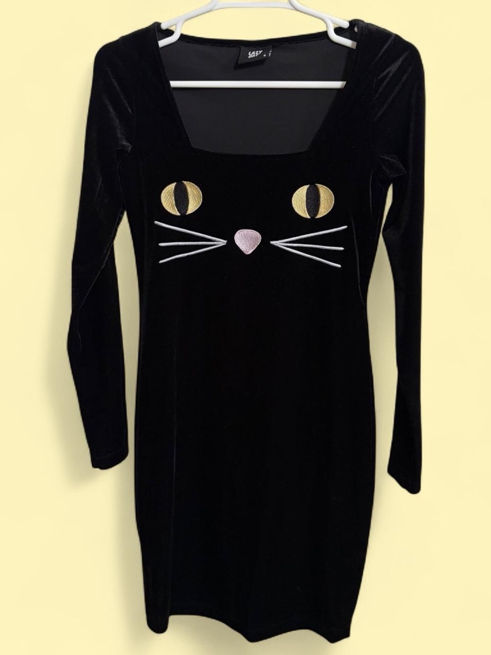 Lazy Oaf Black Velvet Cat Face Long Sleeve Dress